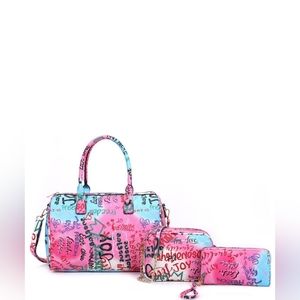 Pink and Blue Graffiti 3 pc Quilted Bag Set